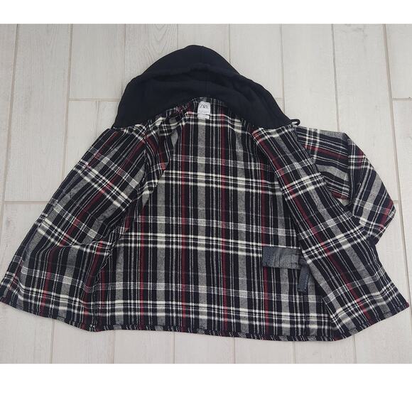 Zara Mens Medium Plaid Overshirt Shacket Button Up Hooded Jacket Black Red Shirt - Picture 4 of 8